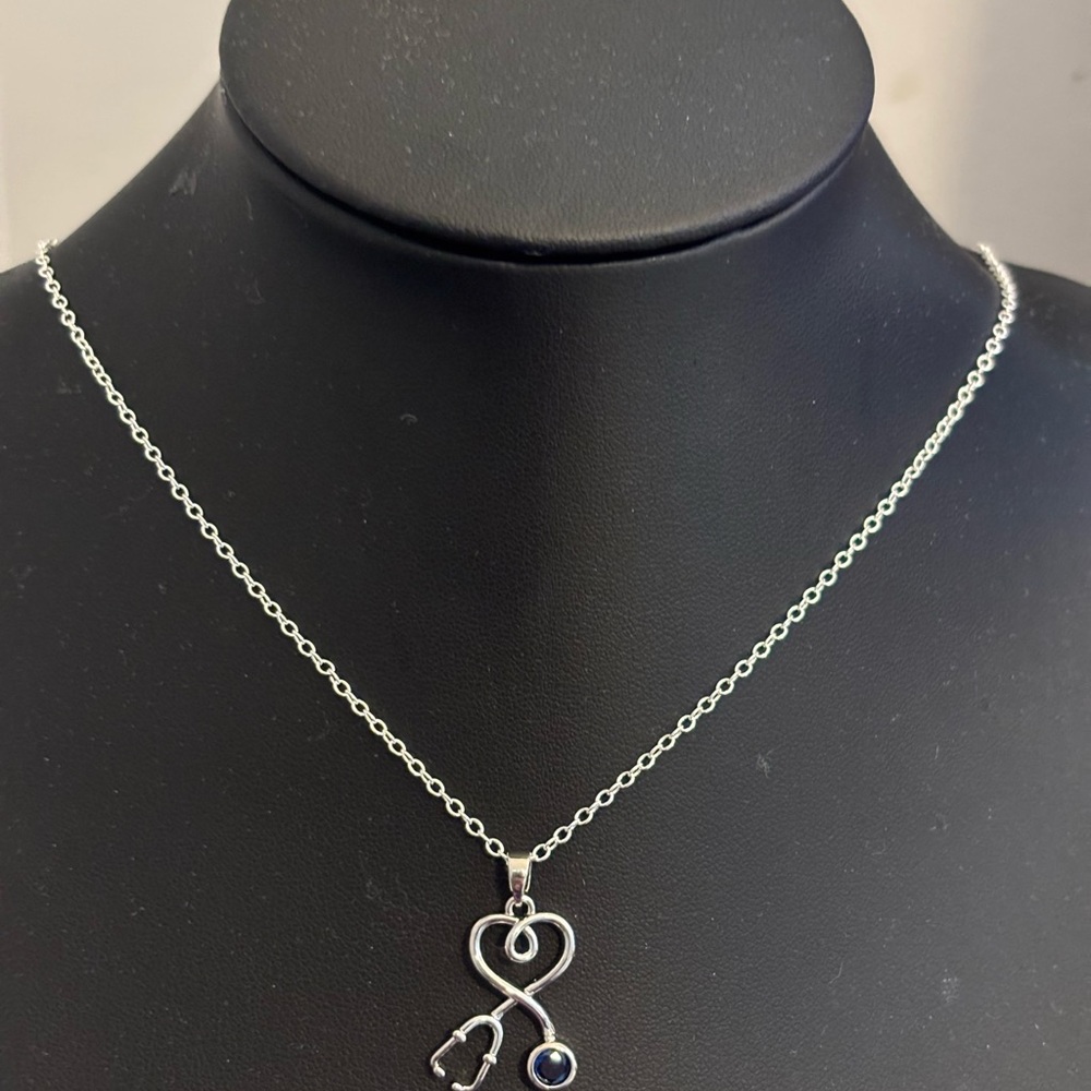 Sterling Silver Stethoscope Heart Pendant Necklace - Silver with Navy Accent